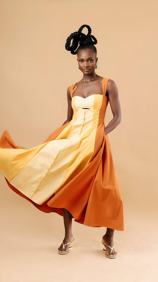 June Panel Dress in burnt orange — floor length fitted dress — Vexxels