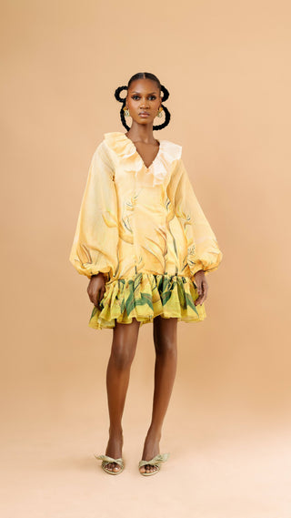 Adepa Mini Floral Print Dress in yellow — long sleeve ruffled mini dress — Vexxels Ghana