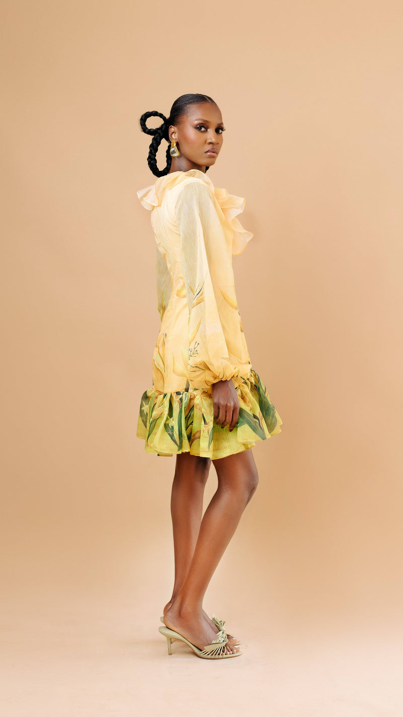 Adepa Mini Floral Print Dress front detail — floral print tiered hem — Vexxels