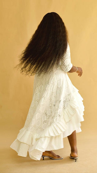 Rushie Cotton Lace Dress full length detail — ruffled hem — Vexxels