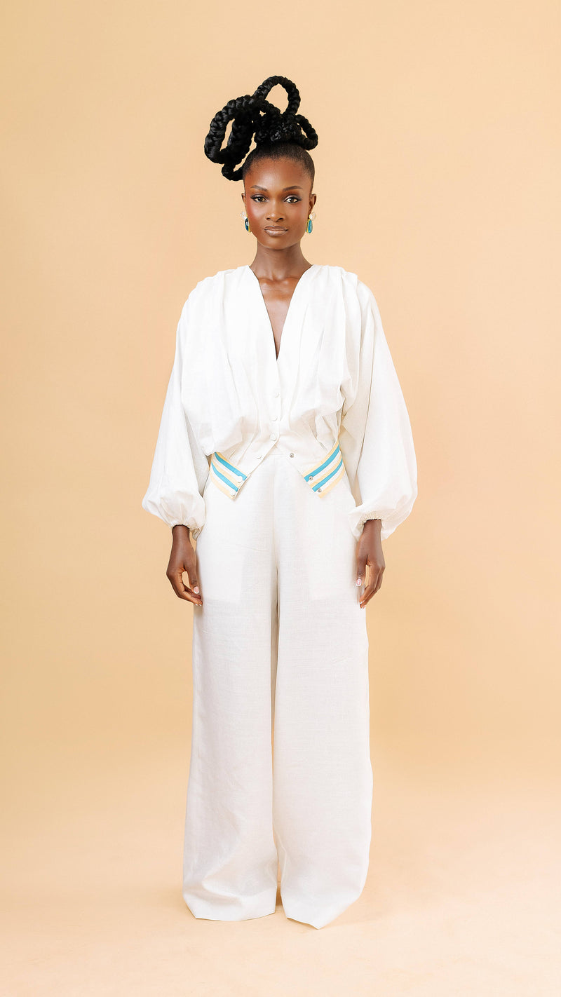 Hawa Linen Set in off-white — button-front blouse and wide-leg trousers — Vexxels Ghana