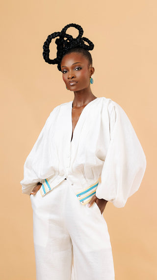 Hawa Linen Set in off-white — button-front blouse and wide-leg trousers — Vexxels Ghana
