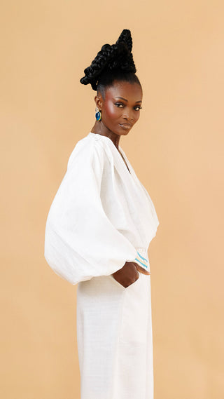 Hawa Linen Set in off-white — button-front blouse and wide-leg trousers — Vexxels Ghana