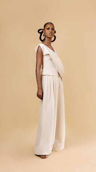 Dani Pants Set in light yellow — asymmetric neckline two-piece set — Vexxels