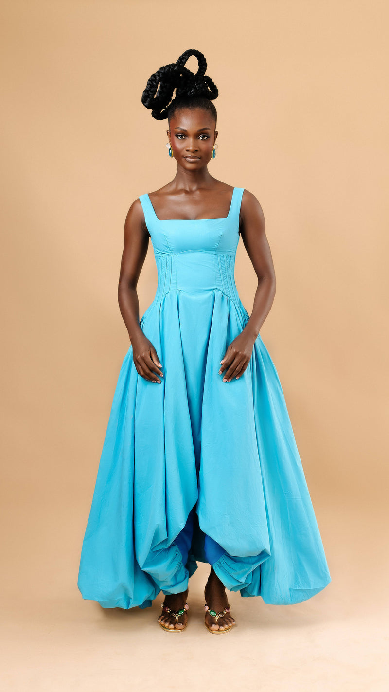 Aida Balloon Corset Dress in blue — Vexxels Ghana