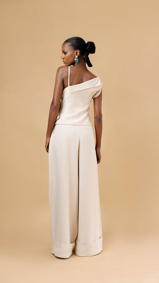 Dani Pants Set in light yellow — asymmetric neckline two-piece set — Vexxels