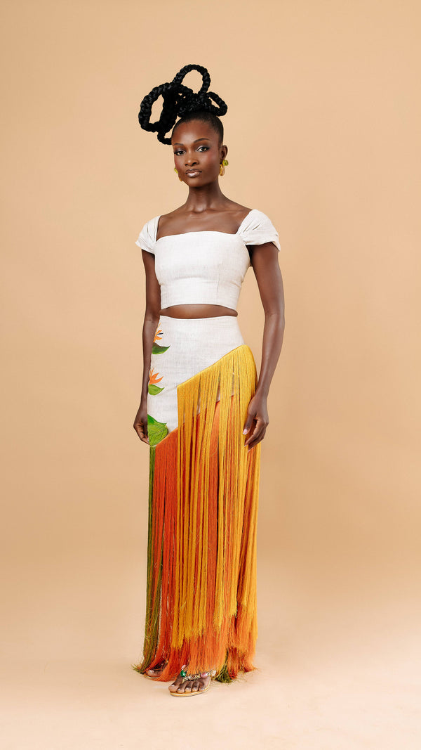 Fynba Hand-Painted Fringe Set — cropped top and fringe skirt in orange green ombré — Vexxels Ghana