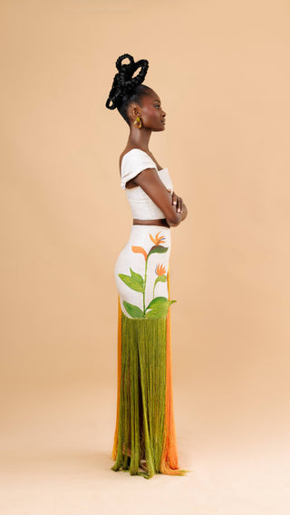 Fynba Hand-Painted Fringe Set — cropped top and fringe skirt in orange green ombré — Vexxels Ghana