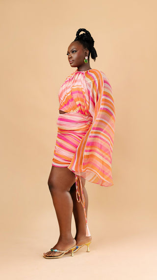 Alewa Stripe Dress in pink — draped cape bodice and tassel detail — Vexxels Ghana