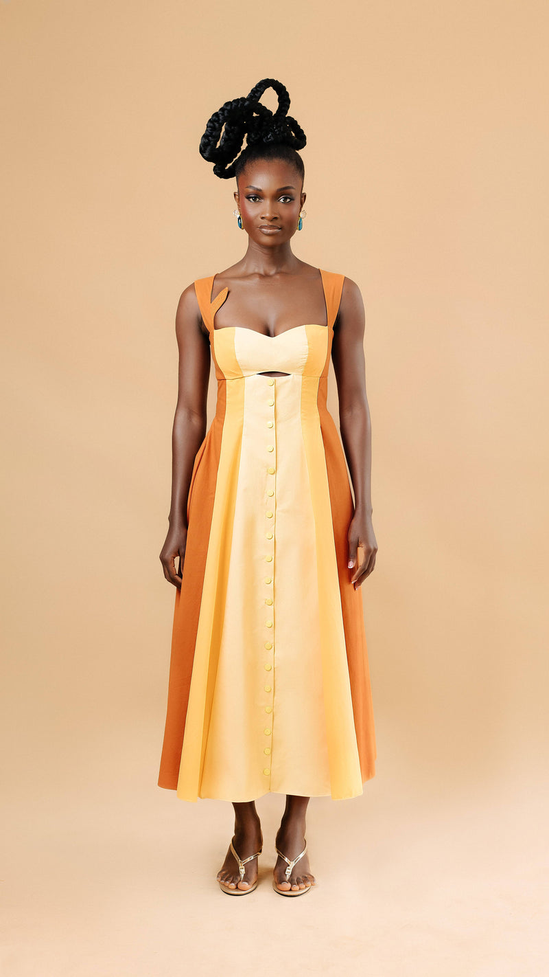 June Panel Dress in oat — sleeveless column maxi dress — Vexxels Ghana
