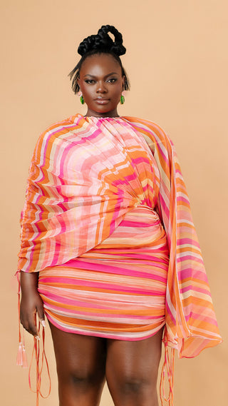 Alewa Stripe Dress in pink — draped cape bodice and tassel detail — Vexxels Ghana