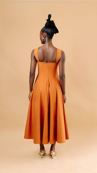 June Panel Dress in burnt orange — floor length fitted dress — Vexxels