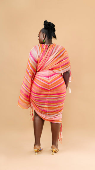 Alewa Stripe Dress in pink — draped cape bodice and tassel detail — Vexxels Ghana